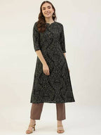 FIORRA Women's Black Printed Flared Cotton Kurta