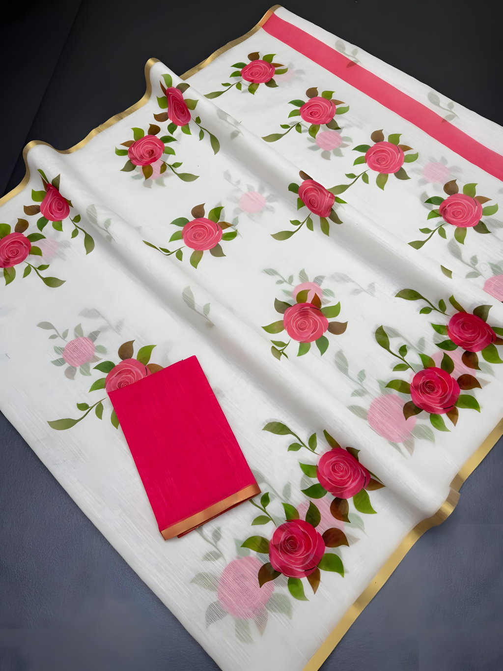 Prime Volt Women's White & Pink Floral Digital Print Soft Linen Saree With Gold Zari Border & Blouse - Distacart