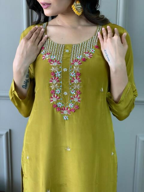 The52 Mustard Gorgeous Embroidered Viscose Chanderi Fabric Straight Kurta Pant with Dupatta Set - Distacart