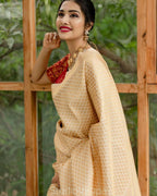 DEIANA'S Beautiful Designer Golden zari Soft Lichi Silk Saree - Cream