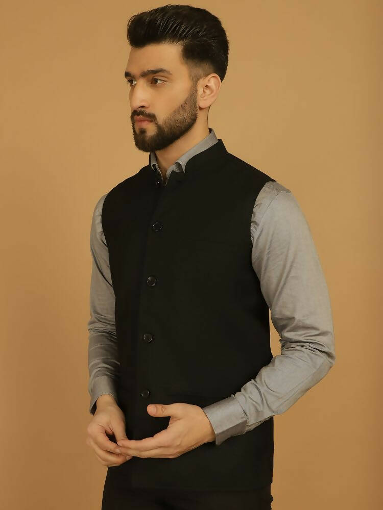 Even Apparels Nehru Jacket With Welt Pockets - Black