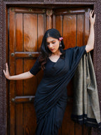 Zibaa Black & Gold Mul Cotton Saree - Distacart