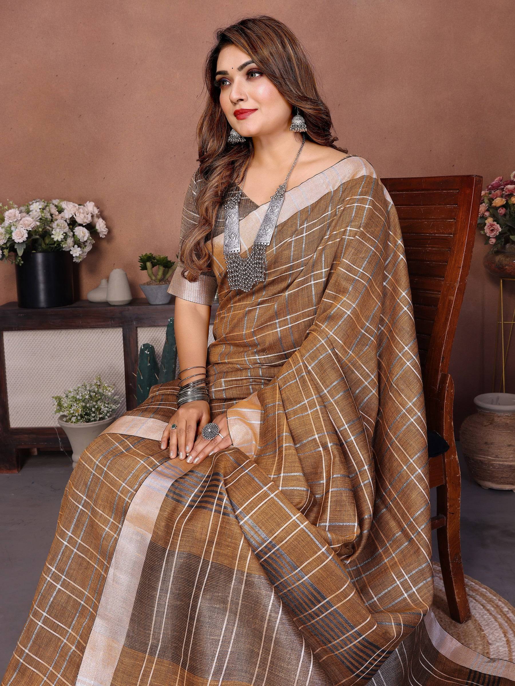 Anaita Coffee Weaving Linen Cotton Saree With Blouse - Distacart