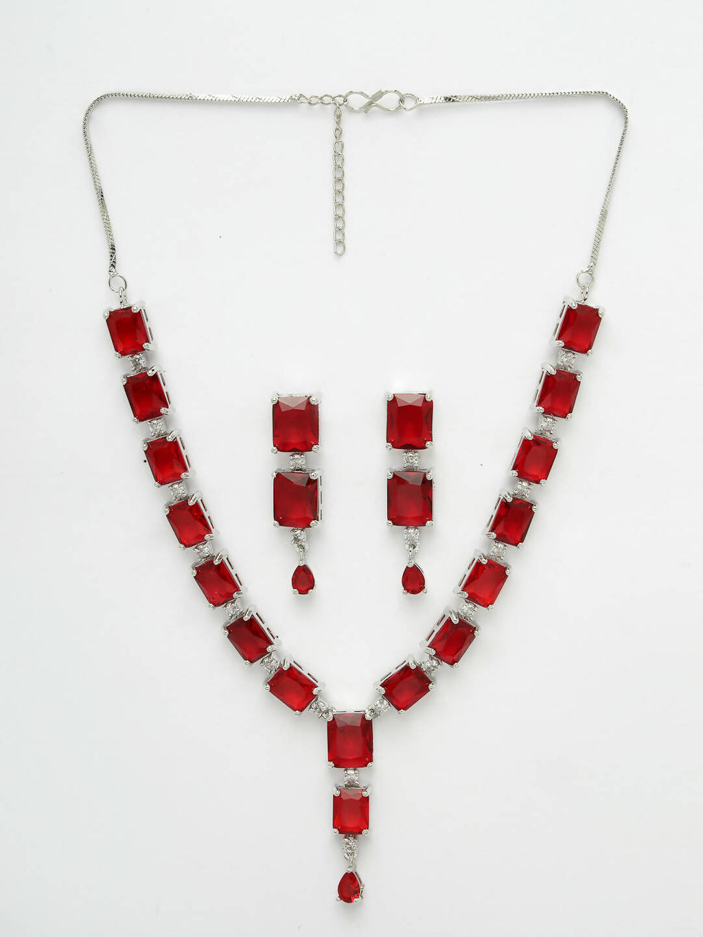 NVR Women Silver Plated & Maroon Cz Stone Handcrafted Jewellery Set