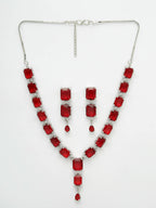 NVR Women Silver Plated & Maroon Cz Stone Handcrafted Jewellery Set