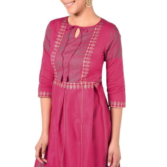 Aniyah Cotton Gold Print Flared Kurta Fuchsia (AN-163K)