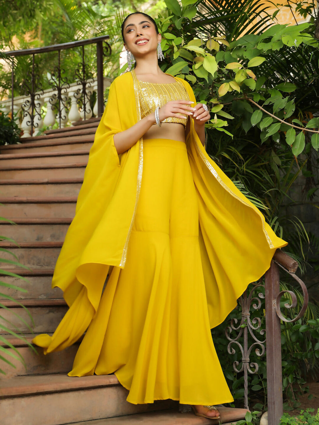 Janasya Yellow Georgette Sequined Top Bottom Cape