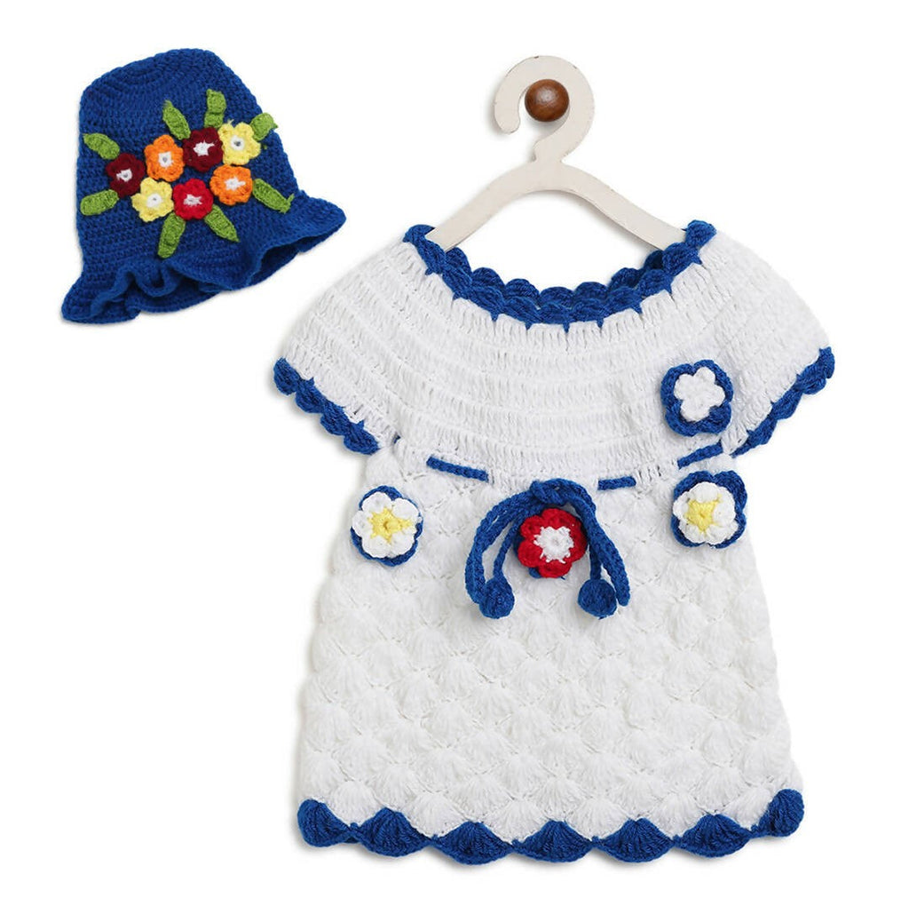 ChutPut Hand knitted Crochet Elsa Dress with Cap For Baby Girls - White