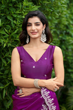 Vastranavya Purple Embroidery Work Shimmer Chiffon Saree with Unstitched Blouse - Distacart