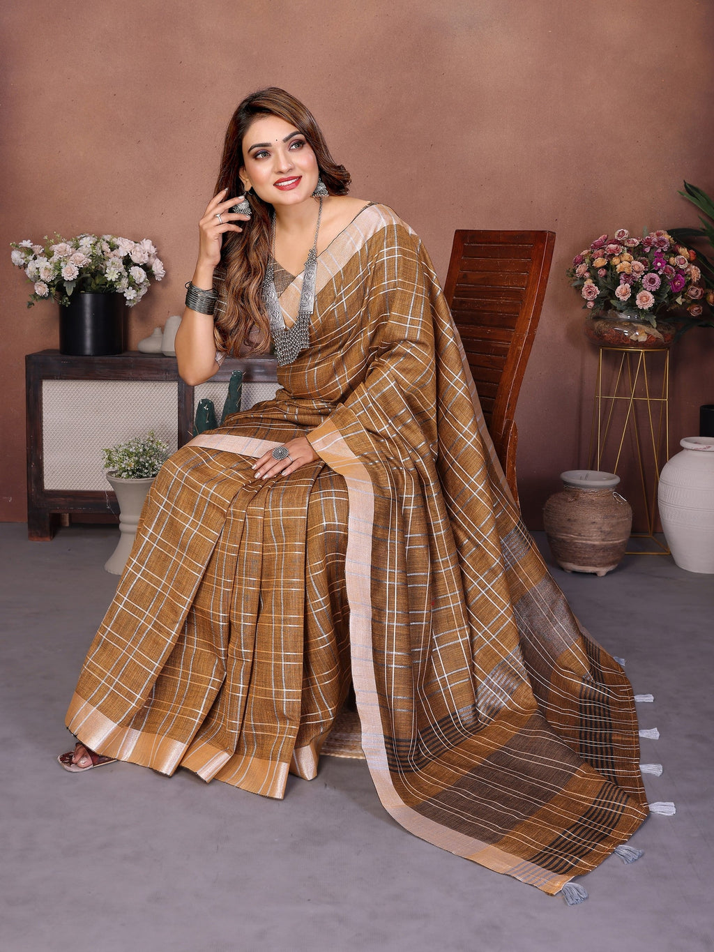 Anaita Coffee Weaving Linen Cotton Saree With Blouse - Distacart