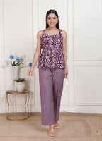 Miravan Womens Purple Round Neck Cotton Pleated Kurti & Palazzo Set