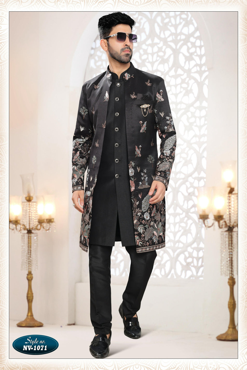 Joban Fashion Men's Black Straight Silk Thread And Sequence Embroidery All Over 3 Pc Kurta Set