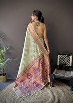 Joban Fashion Beige Jacquard Butti Soft Lichi Silk Paithani Saree - Distacart