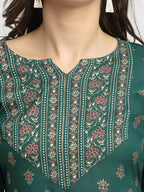 Rudra Bazaar Green Printed Yoke Designed Straight Kurta with Maroon Pyjamas - Distacart