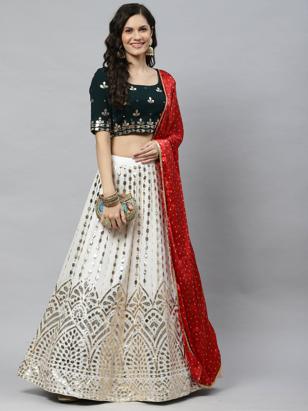 White Georgette Paper Mirror Embroidery Work Lehenga Choli with Dupatta - Jivika