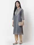 Myshka Women Grey Chanderi Embroidered 3/4 Sleeve Round Neck Kurta
