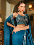 Janasya Teal Blue Georgette Embroidered Top Bottom Cape