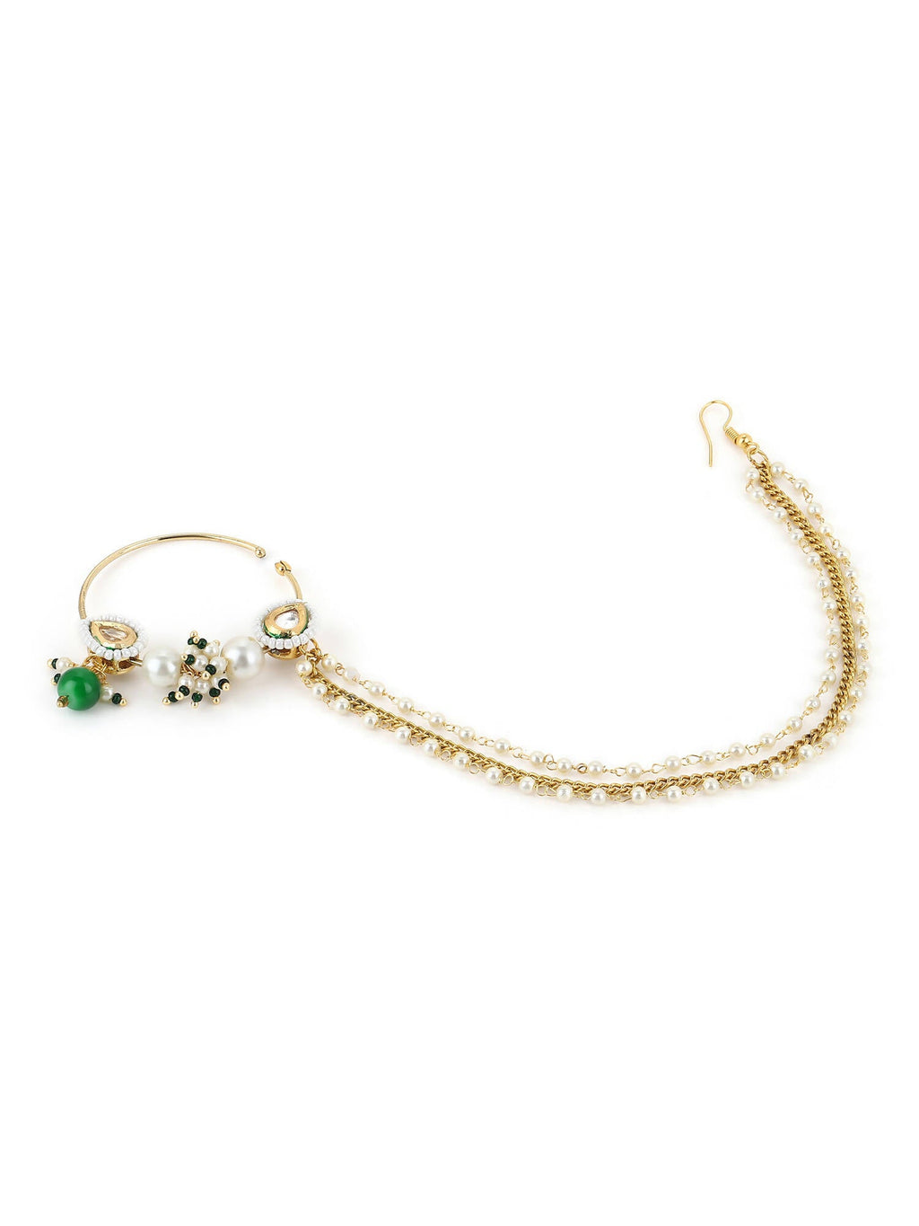 Gold-Plated White Green Kundan-Studded Pearl Beaded Nosepin - Ruby Raang - Distacart