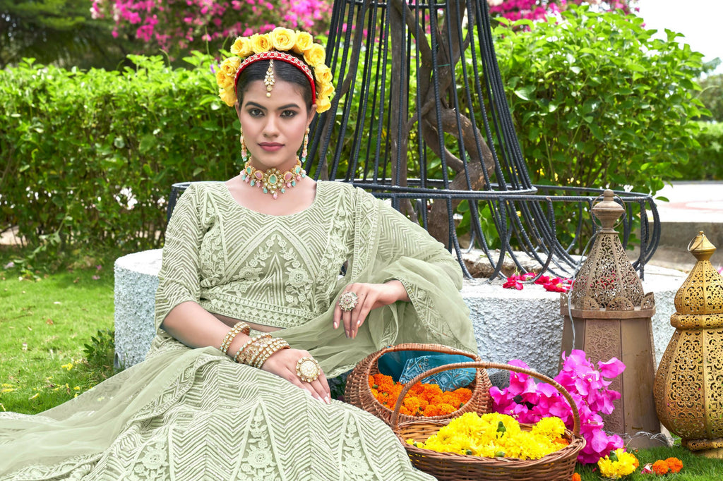 Light Green Net Embroidered Semi Stitched Lehenga Choli with Dupatta - Bhagya
