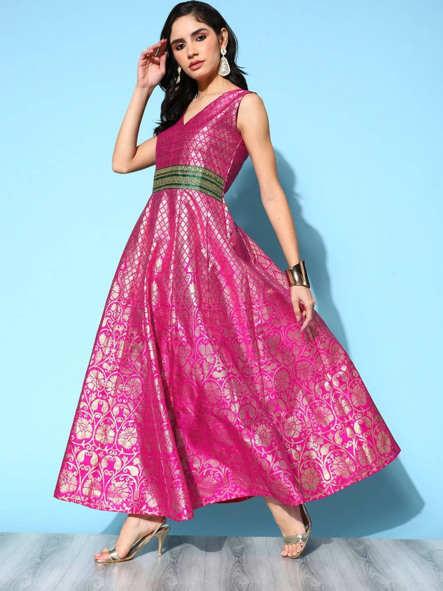Ahalyaa Women Pink Poly Silk Gold Printed Dress - Distacart