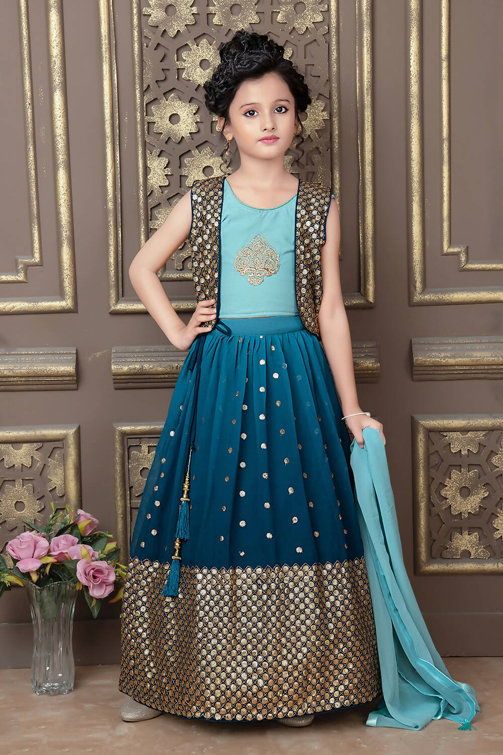 Kids Wedding Designer Rama Georgette Lehenga Choli - Aaradhna