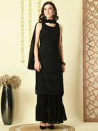Myshka Women's Black Georgette Kurta & Skirt With Dupatta Party Sets