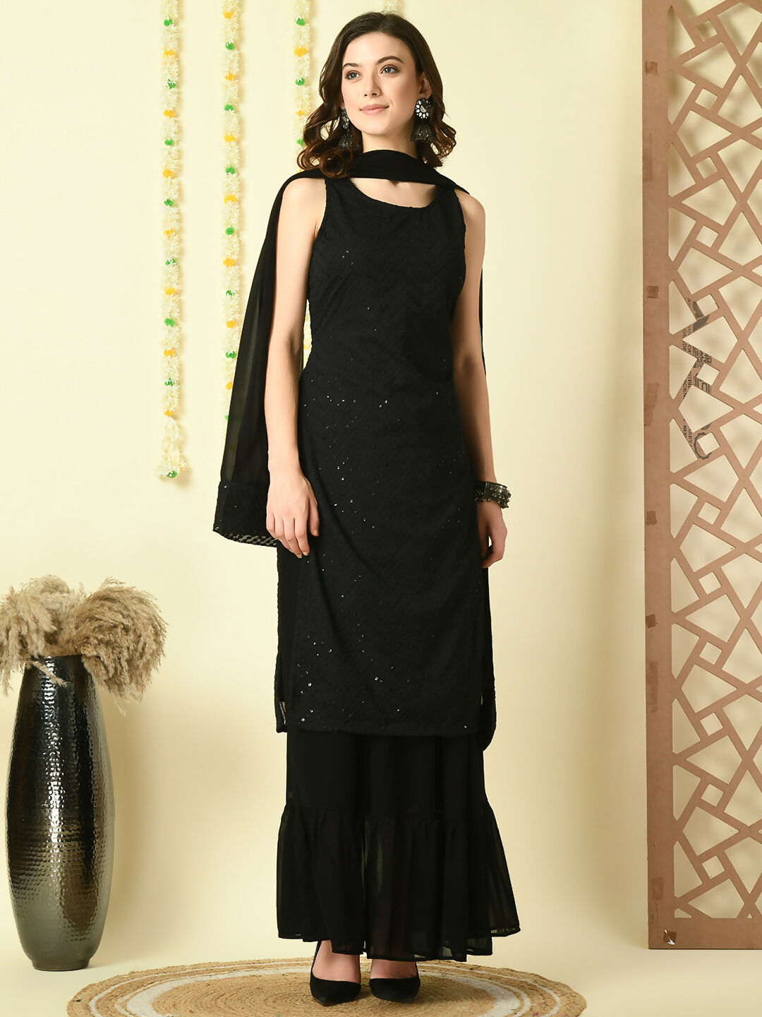Myshka Women's Black Georgette Kurta & Skirt With Dupatta Party Sets