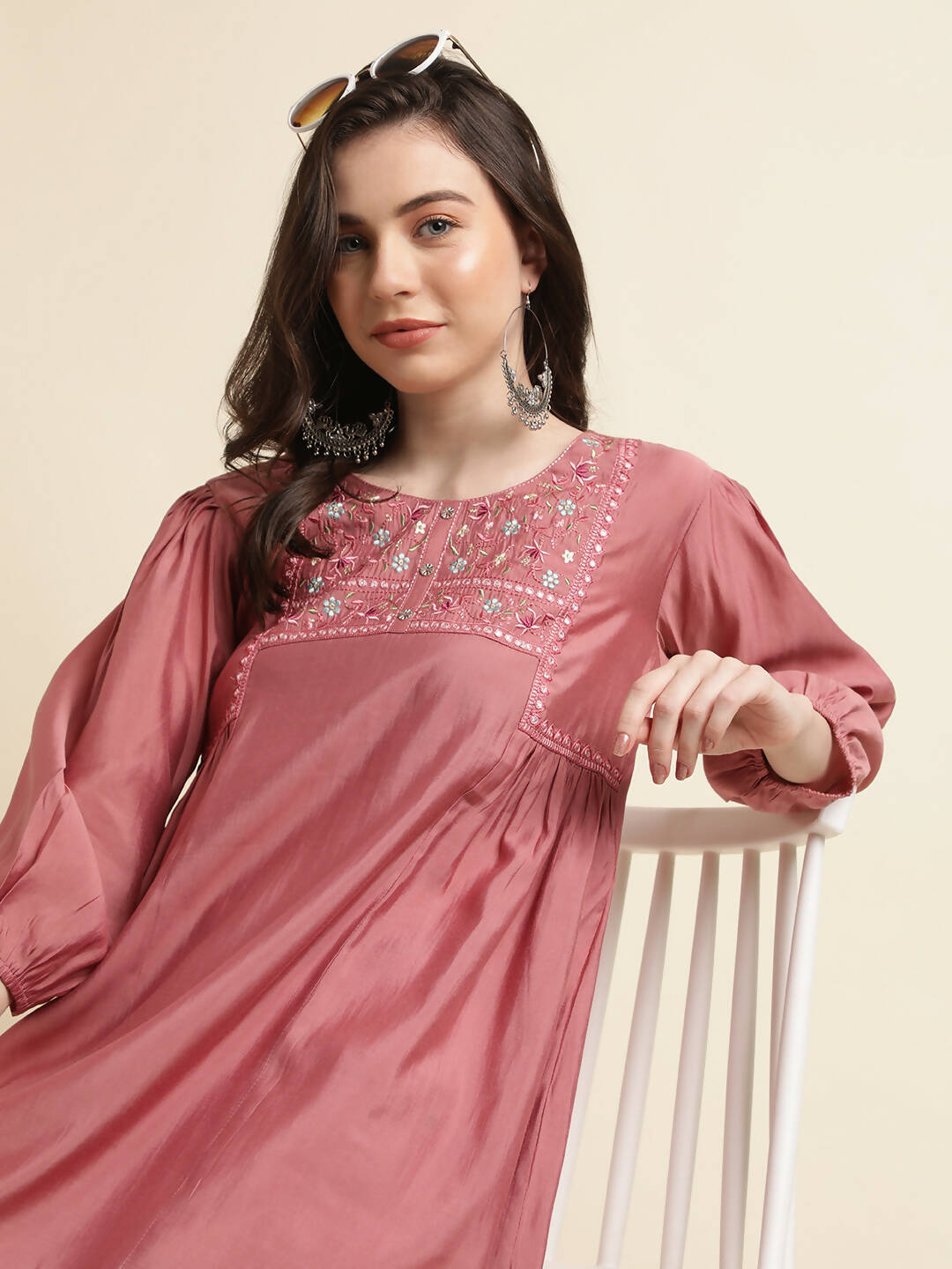 Pink Chinon Yoke Embroidered A-line Top - Tarini