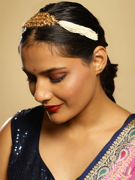 Gold-Polished White Kundan-Studded Pearl Beaded Hair Band - Ruby Raang