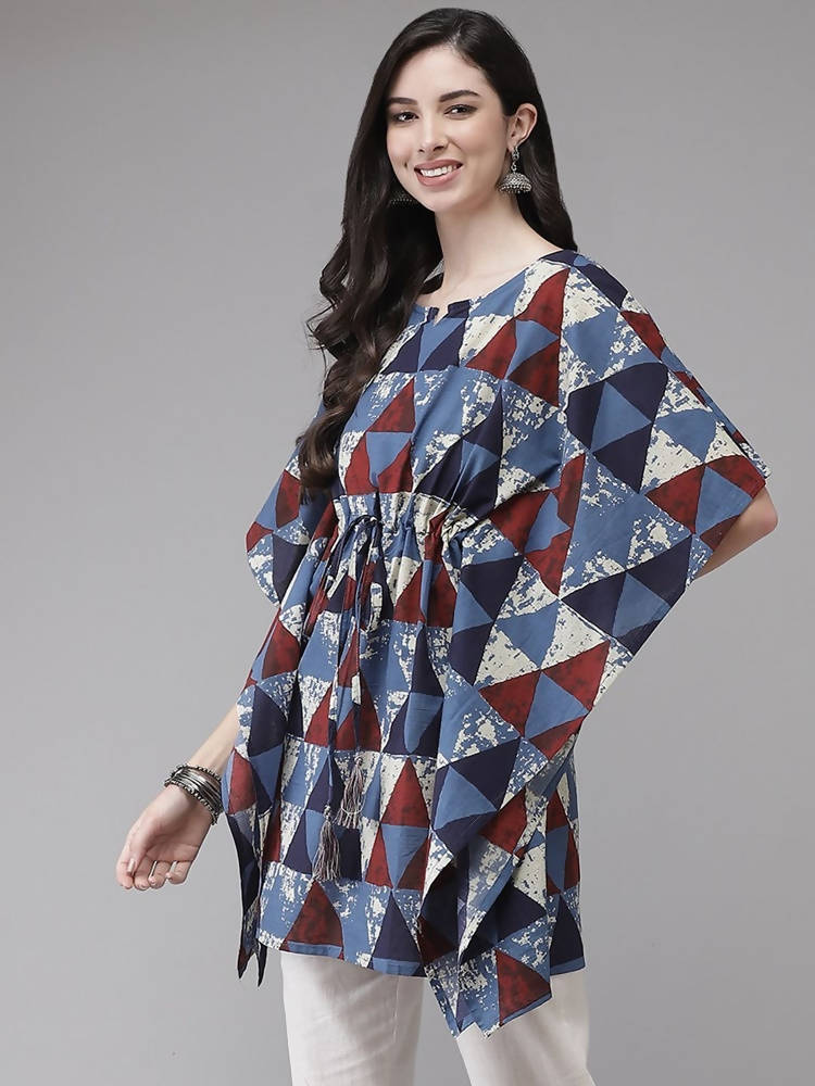 Yufta Blue & Red Geometric Printed Flared Sleeves Kaftan Kurti