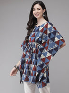 Yufta Blue & Red Geometric Printed Flared Sleeves Kaftan Kurti
