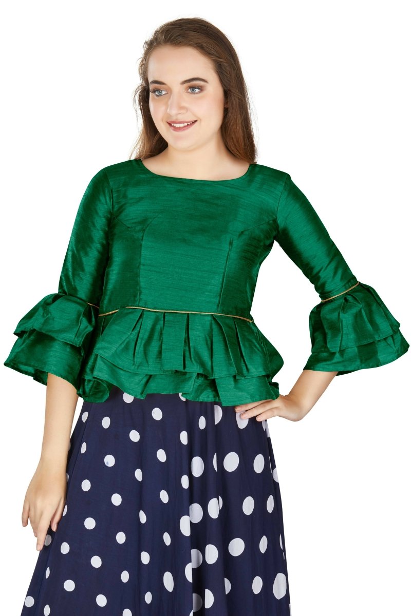 Aastha Fashion Women's Green Art Silk Bell Sleeves attire with Poly Cotton Lining Blouse