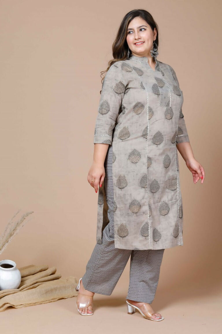 Miravan Women's Plus Size Beige Printed Gota Patti Pure Cotton Kurta With Palazzo