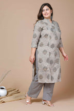 Miravan Women's Plus Size Beige Printed Gota Patti Pure Cotton Kurta With Palazzo