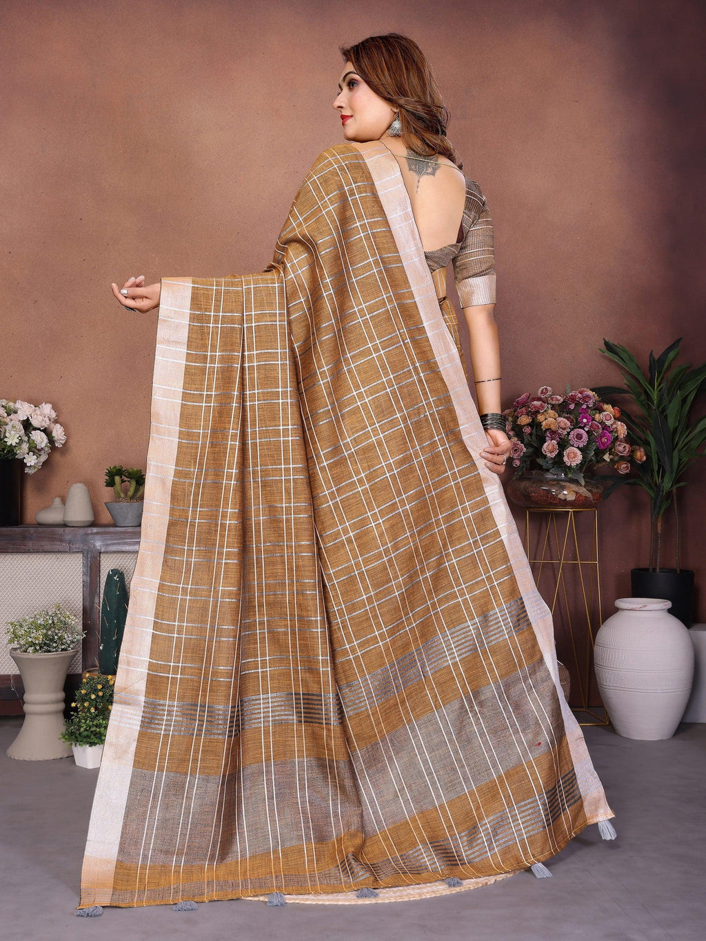 Anaita Coffee Weaving Linen Cotton Saree With Blouse - Distacart