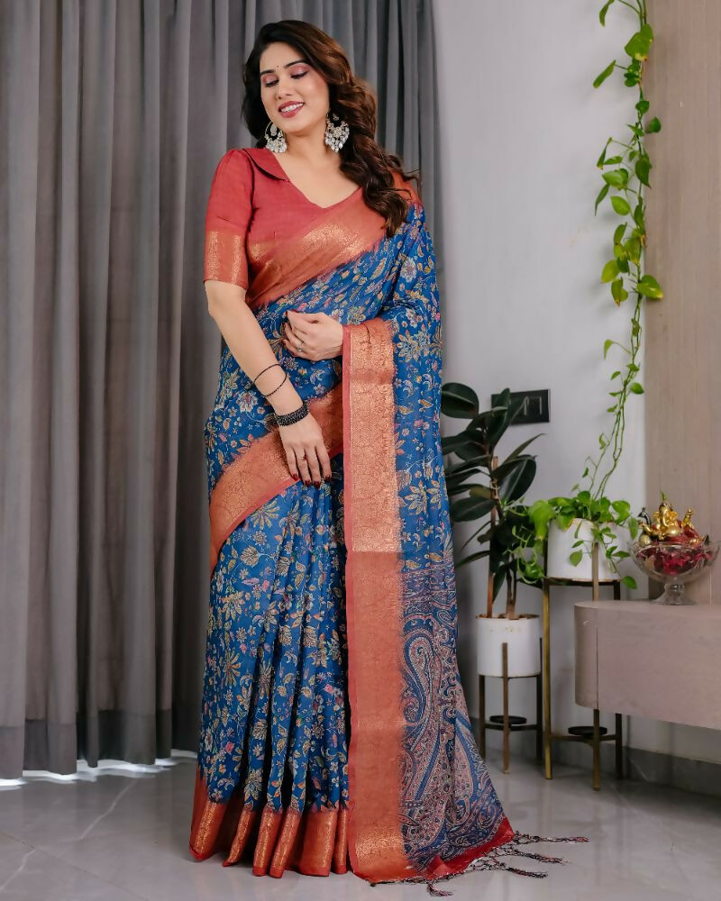PR Fashion Blue Pure Handloom Linen Saree