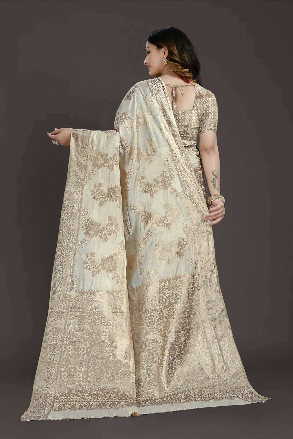 Off White Pure Raw Silk Zari Woven Saree with Unstitched Blouse Piece - Alisha