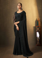 Black Satin Silk Floral Embroidered with Swaroski Work Saree With Unstitched Blouse Piece - Norita Royal Erisha