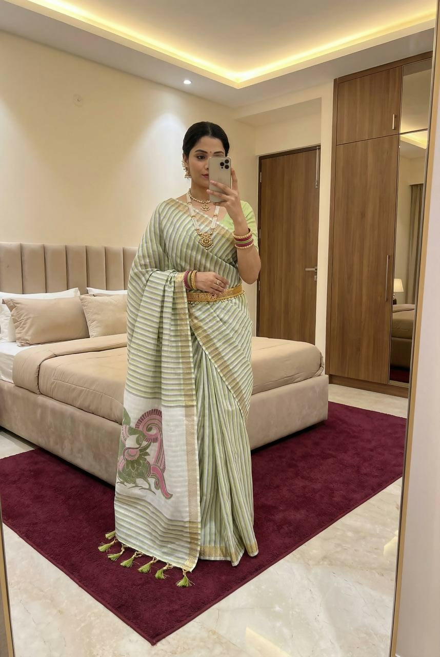 Vastranavya Pista Linen Cotton Meenakari Weaving Pallu Saree with Contrast Blouse - Distacart