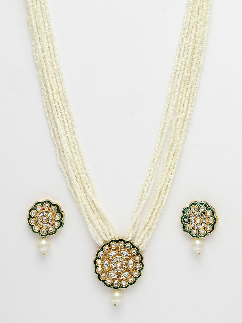 NVR Women's White & Gold-Polished Kundan & Pearl Jewellery Set