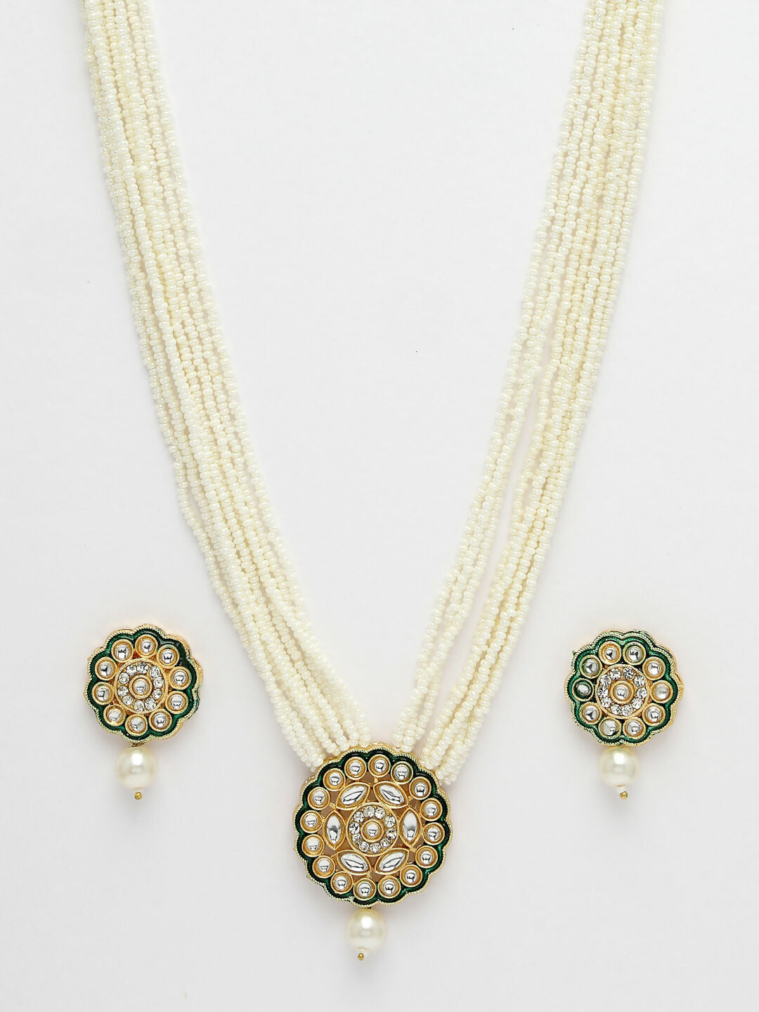 NVR Women's White & Gold-Polished Kundan & Pearl Jewellery Set