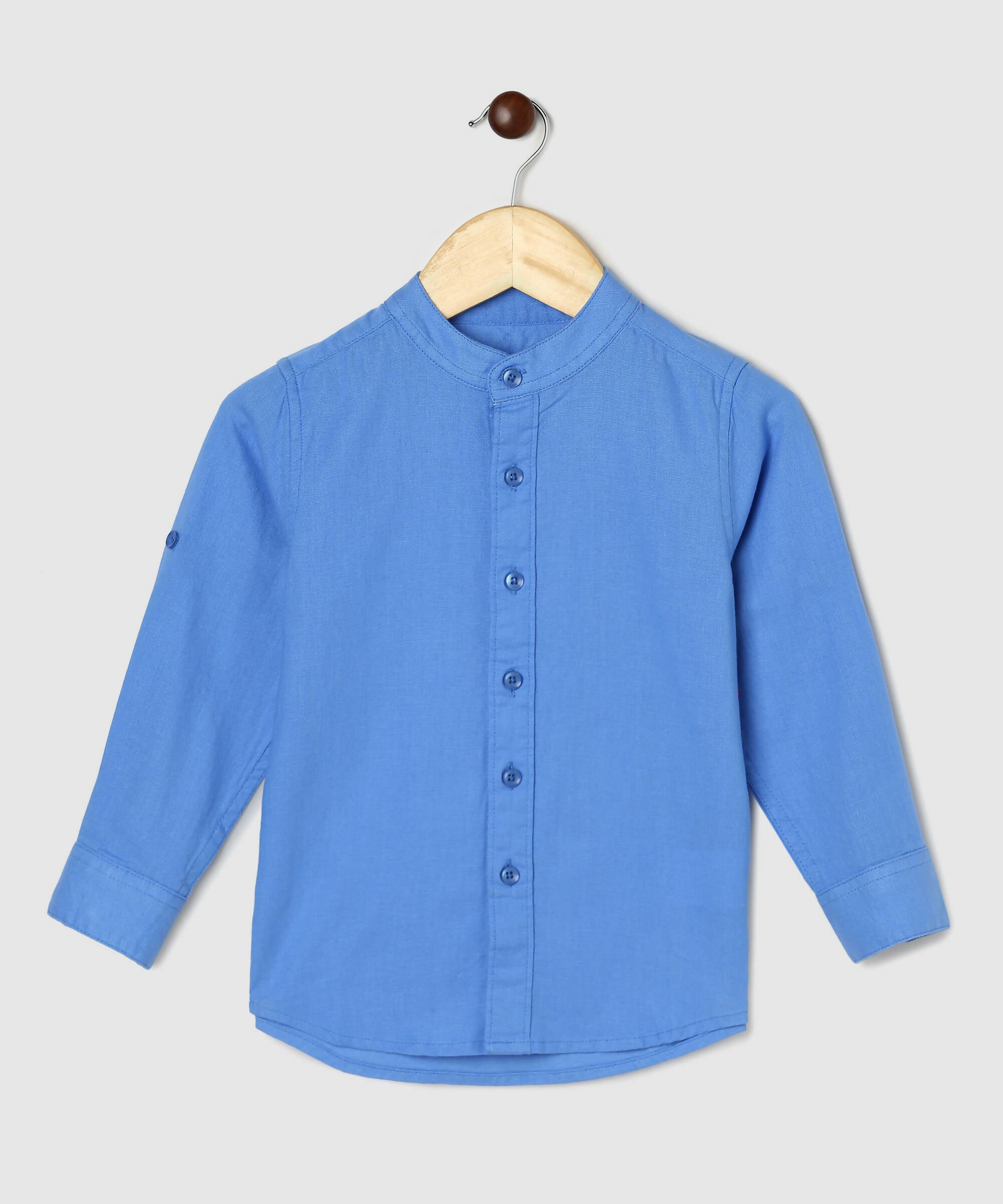 Manet Boys Mandarin Collar Full Sleeves Melange Shirt - Light Blue