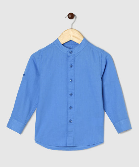 Manet Boys Mandarin Collar Full Sleeves Melange Shirt - Light Blue
