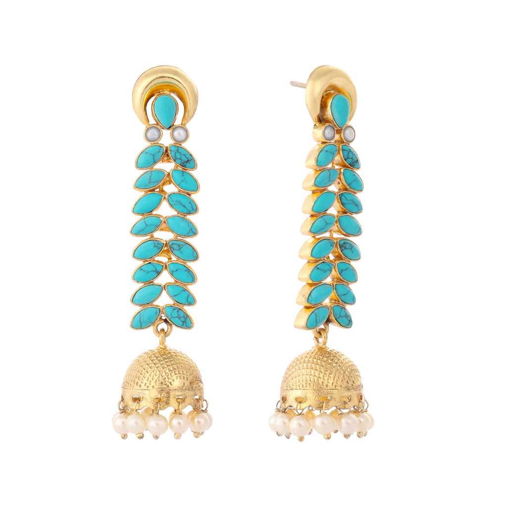 Nuyug 22K Gold Plated Pearl & Turquoise Stone Studded Contemporary Shaped Jhumkas - Distacart