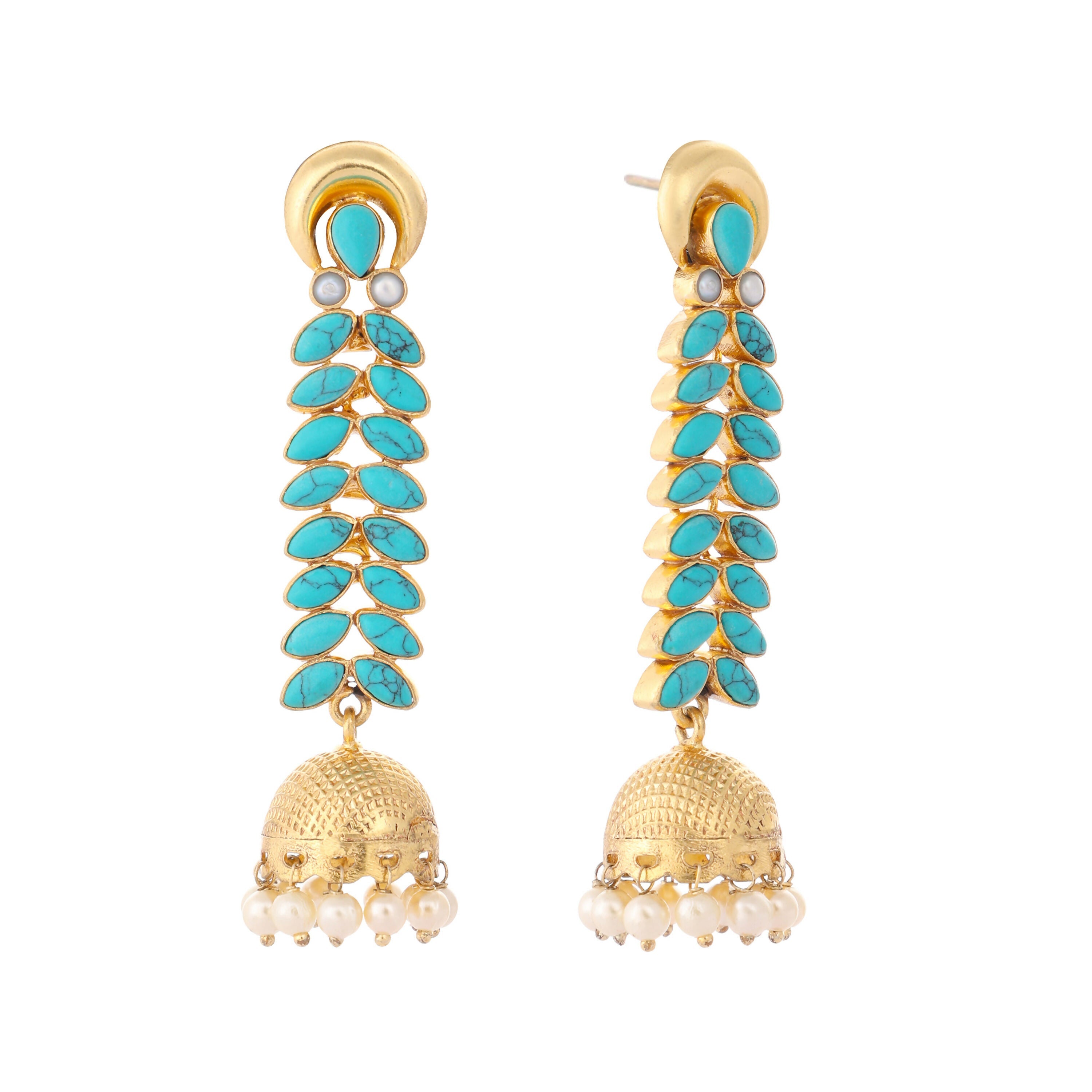 Nuyug 22K Gold Plated Pearl & Turquoise Stone Studded Contemporary Shaped Jhumkas - Distacart