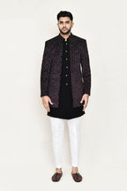 Joban Fashion Black Colored Velvet Based With Aplics Fabric Open Jacket, Indo Western With Pant