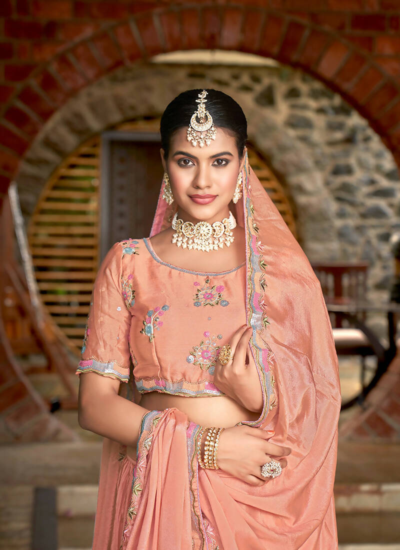 Peach Chinon Crushed Sequence and Thread Embroidery Work Lehenga Choli with Dupatta - Viharini