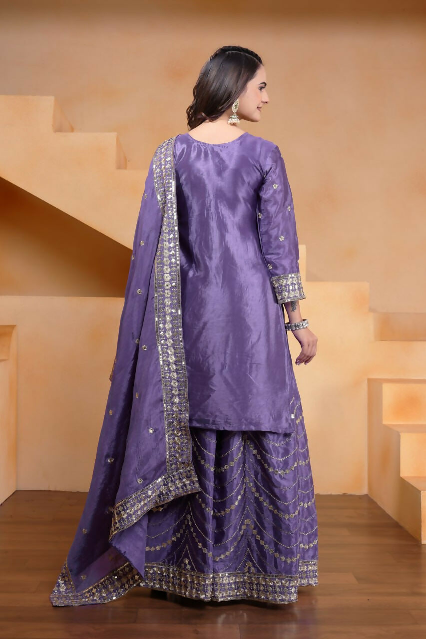 Joban Fashion Purple Silk Embroidered Sharara Set - Distacart