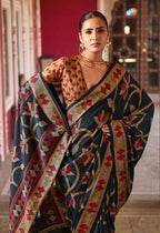 Monjolika Fashion Silk Blend Navy Blue Printed Saree - Distacart
