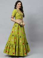 Green Cotton Embroidered Work Lehenga Choli with Dupatta - Jivika